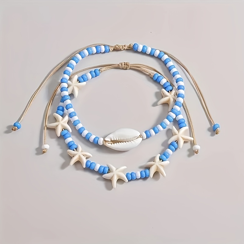 Nautical Beaded Anklet Set Glass Beads Round Spacer Stackable Foot Jewelry